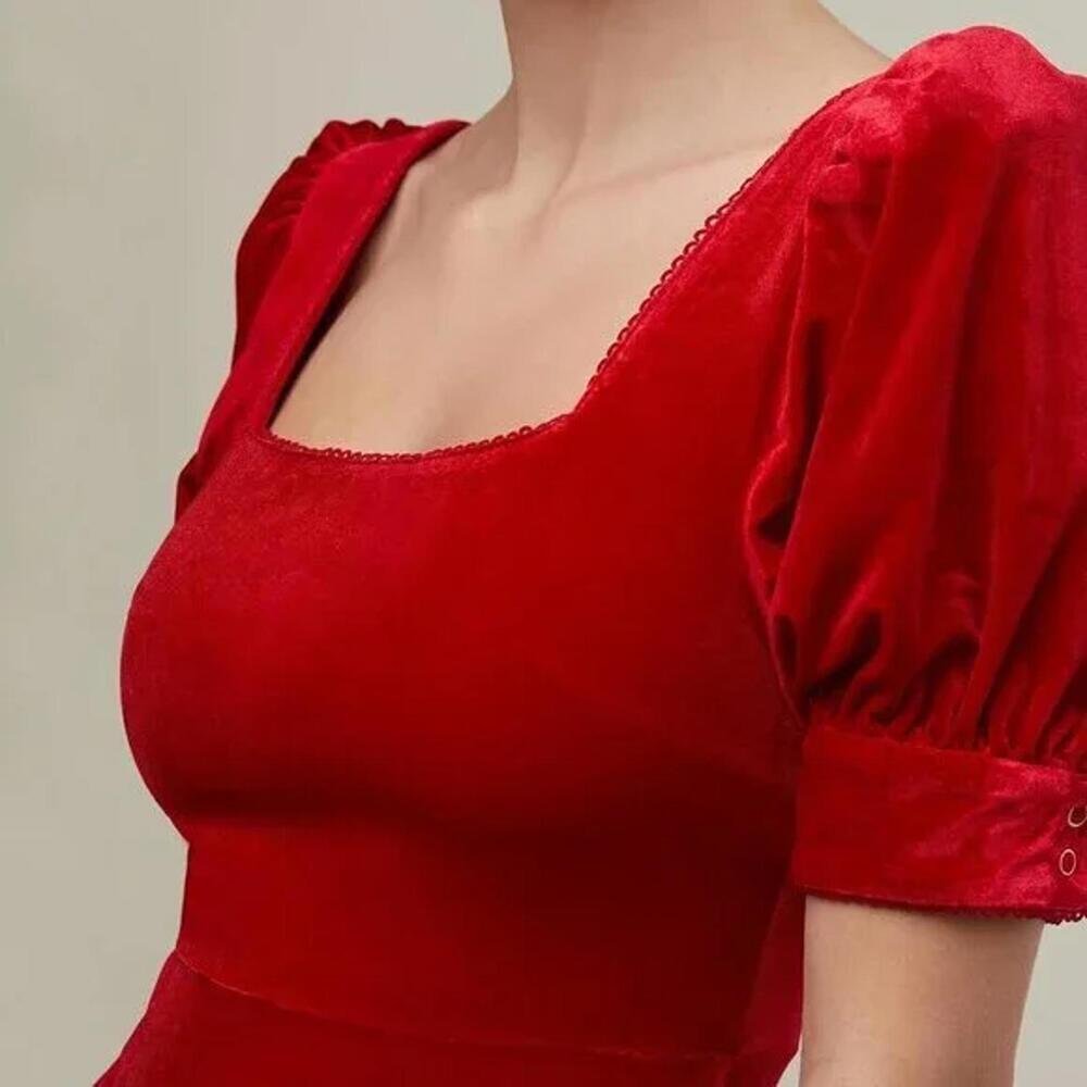 NWT Rachel Parcell Cherry Red Velvet Puff Sleeve Peplum Midi Dress Size XS - Picture 3 of 7